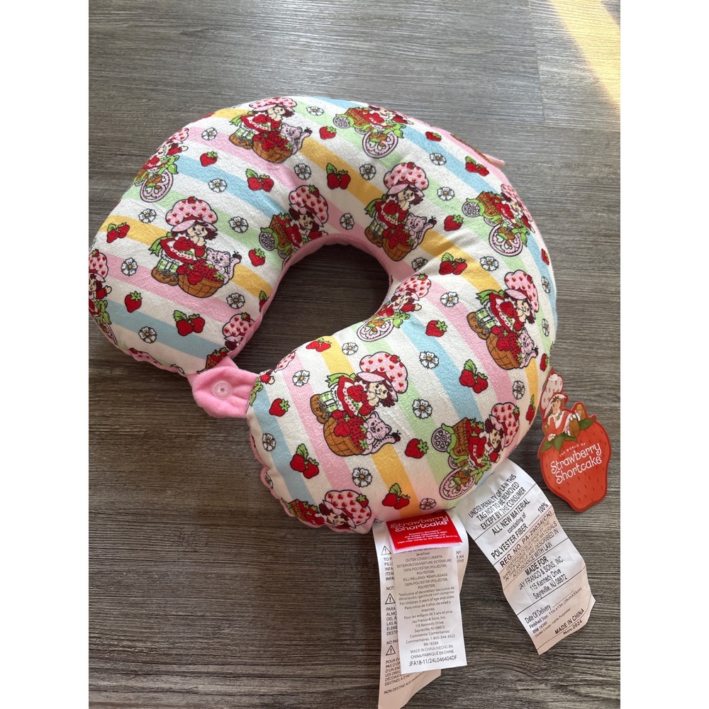 Strawberry Shortcake Travel Neck Pillow with Snap Pink Striped WildBrain NWT